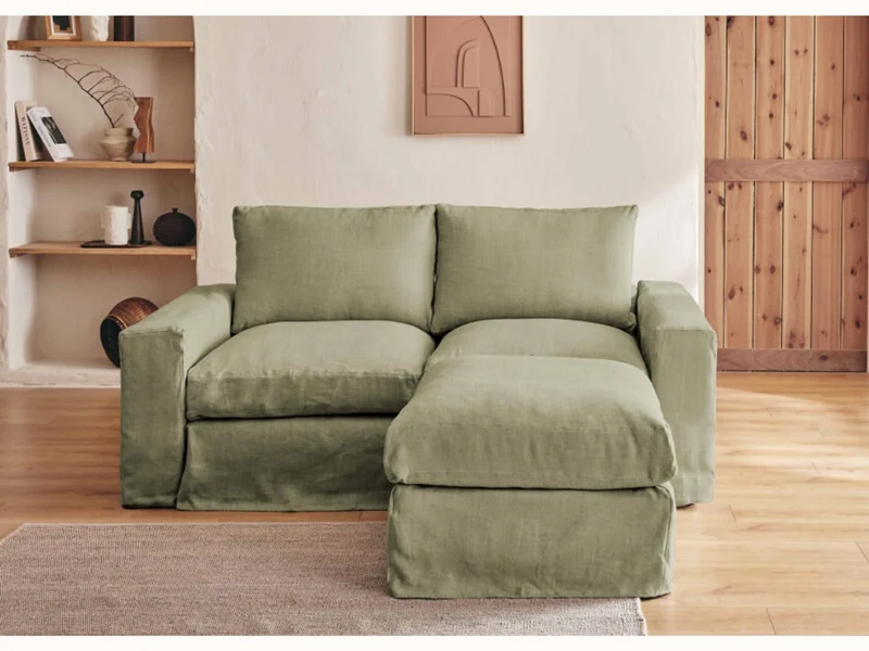 Canapé 2-3 places d'angle avec pouf en lin LENO