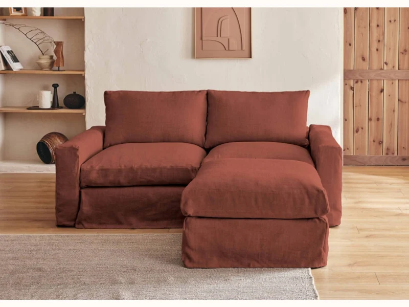 Canapé 2-3 places d'angle avec pouf en lin LENO