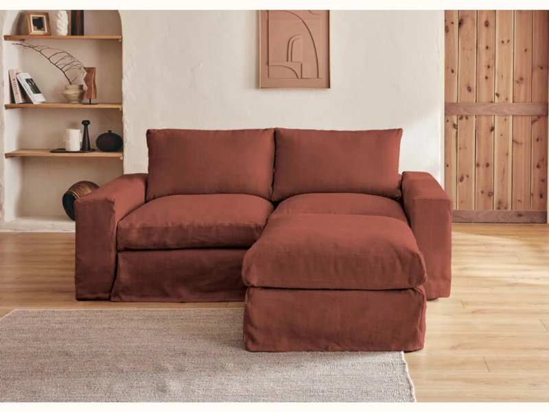 Canapé 2-3 places d'angle avec pouf en lin LENO