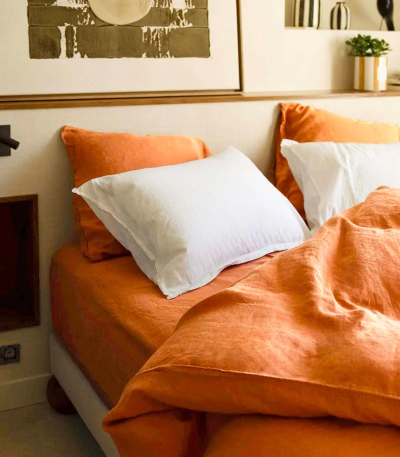 Drap housse en lin lavé - Orange terracotta