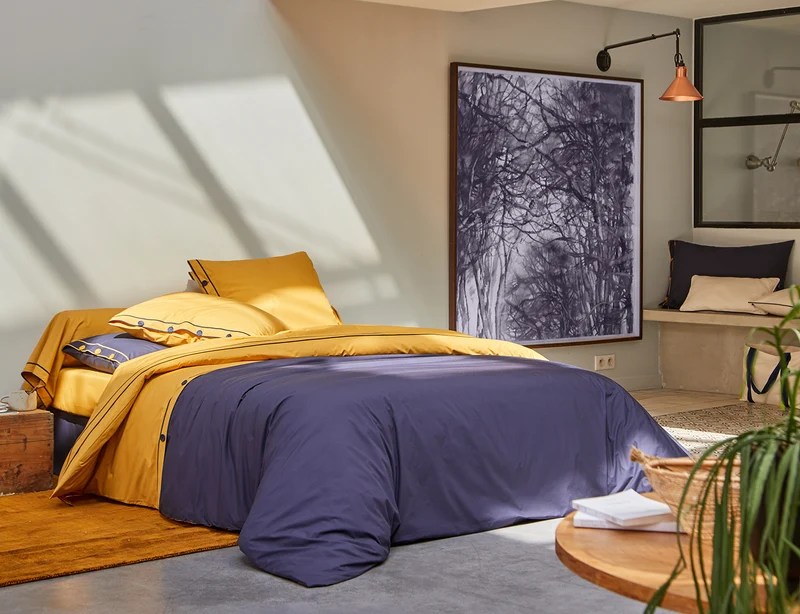 Taie d'oreiller Percale Bio - TANDEM Indigo/Fauve