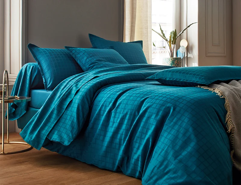 Drap plat Satin jacquard - PALACE Bleu Paon