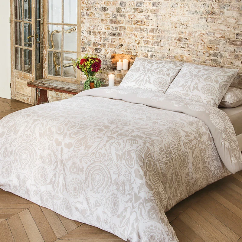Housse de couette + taie(s) d'oreiller satin de coton - Love stories beige