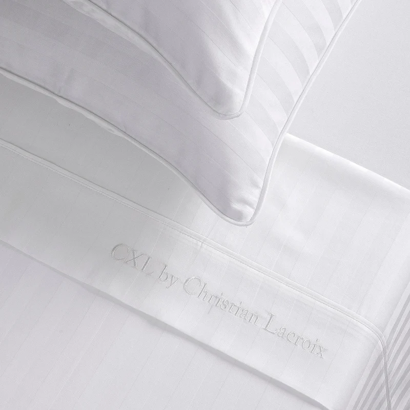Ensemble de draps : drap-housse, drap plat, taie(s) d'oreiller en satin de coton - tisse Jacquard - Blanc