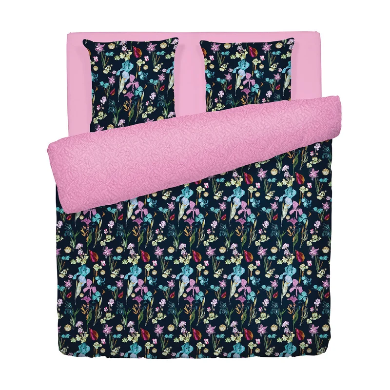 Housse de couette + taie(s) d'oreiller en satin de coton - Iris Bleu foncé