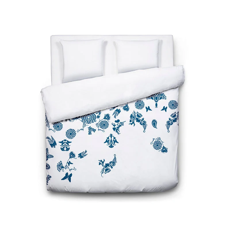 Housse de couette + taie(s) d'oreiller satin de coton - Love stories bleu/blanc
