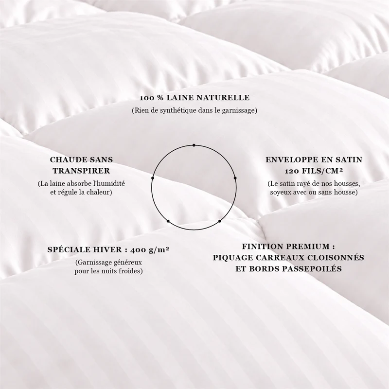 Couette 100 % laine naturelle – Enveloppe satin de coton 120 fils/cm²