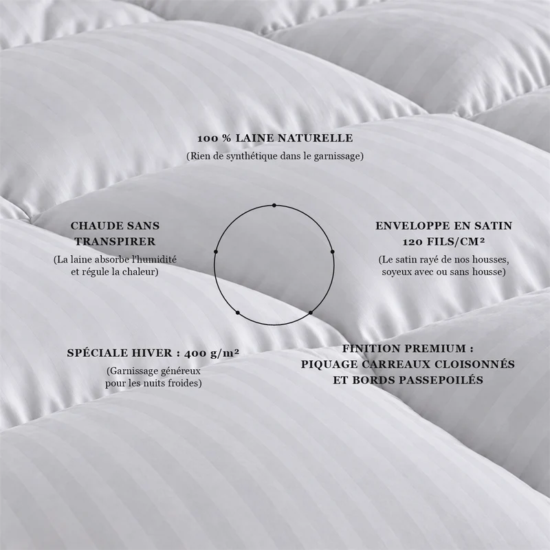 Couette 100 % laine naturelle – Enveloppe satin de coton 120 fils/cm²