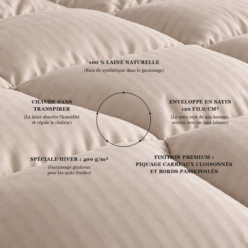 Couette 100 % laine naturelle – Enveloppe satin de coton 120 fils/cm²