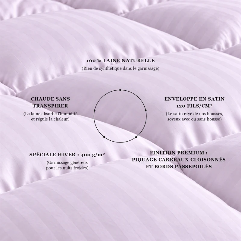 Couette 100 % laine naturelle – Enveloppe satin de coton 120 fils/cm²