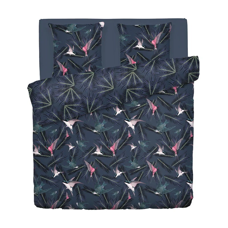 Housse de couette + taie(s) d'oreiller satin de coton - Hirondelles Bleu
