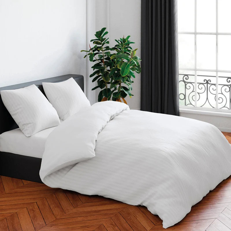 Housse de couette + taie(s) d'oreiller satin de coton - Rayure tissé blanc