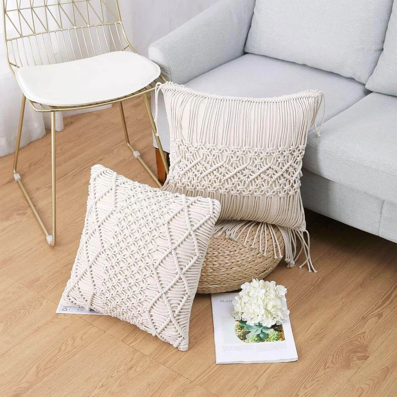 Housse de Coussin en Macramé Écru