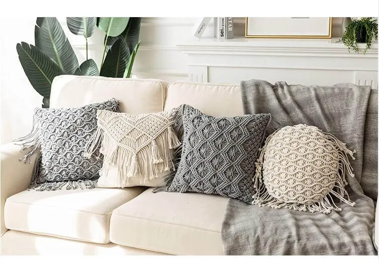 Coussin Macramé Rond Beige